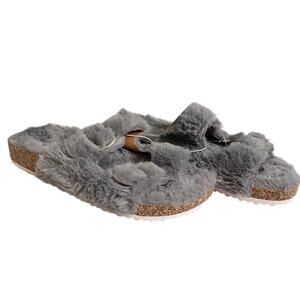 Womens Open Toe Buckle Strap Slip-On Faux Fur Cork Slide Sandals Gray Size 10